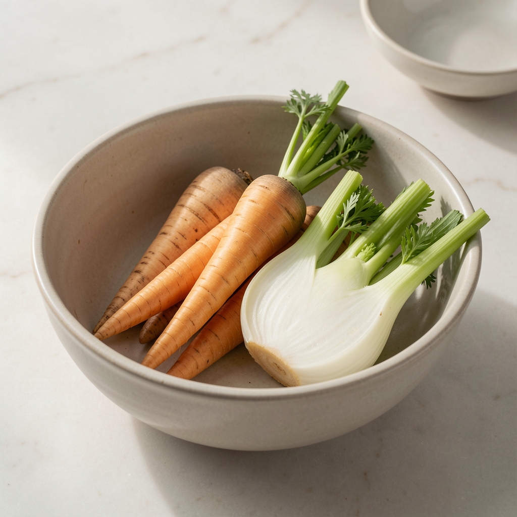 Bowl of winter root vegetables including parsnips and celeriac on a pale ceramic surface in diffuse natural light