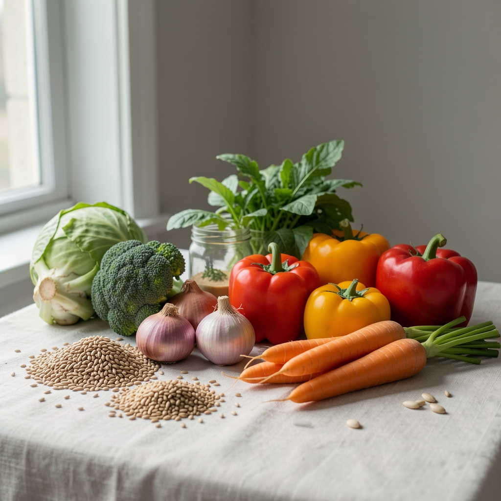Seasonal vegetables and whole grains arranged on a pale linen surface, natural window light from the left, editorial composition